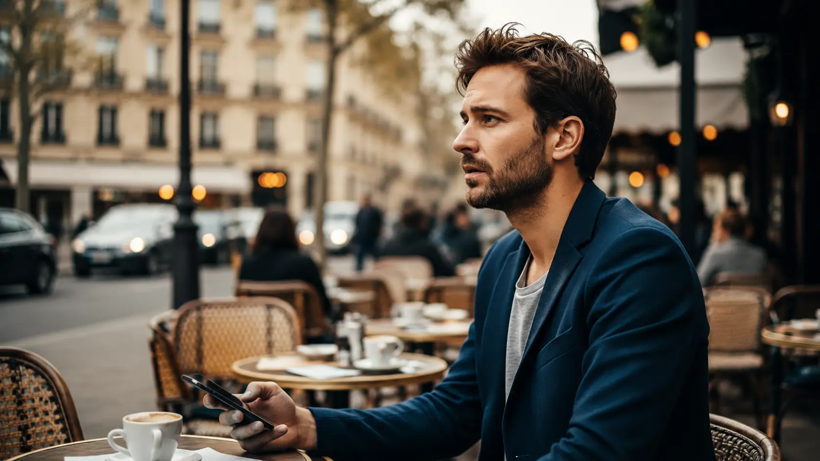 Lucas Morel assis en terrasse à Paris