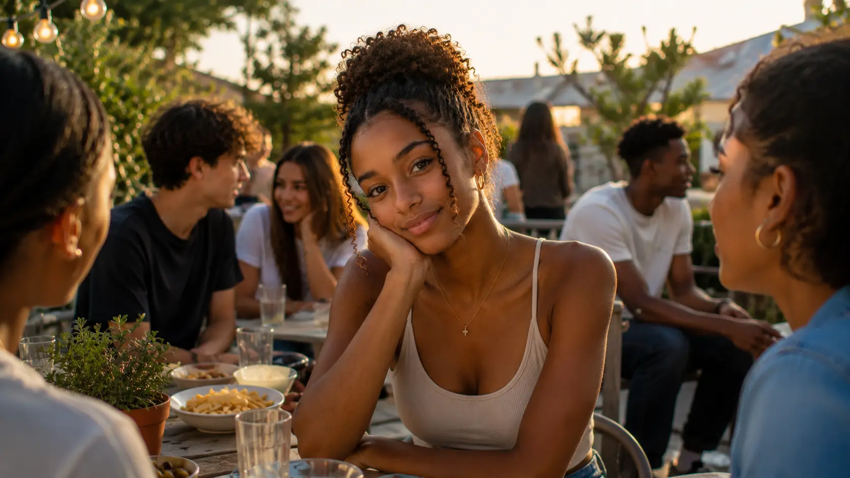 Naïma Diallo avec ses amis en terrasse au coucher du soleil
